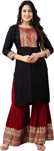 مجموعة Chandrakala Kurti Sharara للنساء من مجموعة بدلة تونك رايون فستان صيفي هندي، أسود كستنائي، متوسط ​​(K240BLA2) in Kuwait