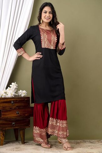 مجموعة Chandrakala Kurti Sharara للنساء من مجموعة بدلة تونك رايون فستان صيفي هندي، أسود كستنائي، متوسط ​​(K240BLA2) in Kuwait