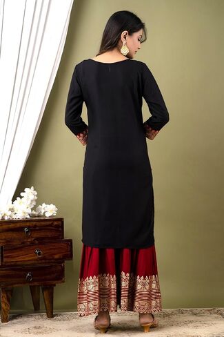 مجموعة Chandrakala Kurti Sharara للنساء من مجموعة بدلة تونك رايون فستان صيفي هندي، أسود كستنائي، متوسط ​​(K240BLA2) in Kuwait