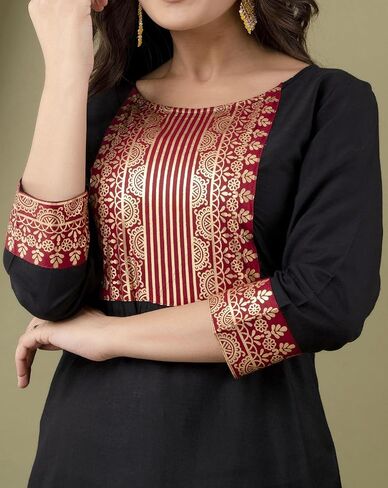 مجموعة Chandrakala Kurti Sharara للنساء من مجموعة بدلة تونك رايون فستان صيفي هندي، أسود كستنائي، متوسط ​​(K240BLA2) in Kuwait