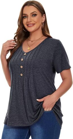قمصان MONNURO النسائية بمقاسات كبيرة كاجوال بأكمام قصيرة ورقبة على شكل حرف V وأزرار مطوية وتونيك عصري in Saudi Arabia