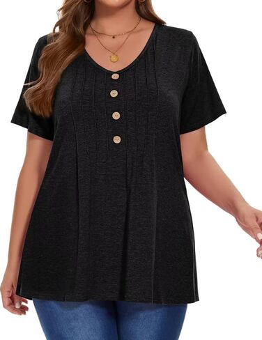 قمصان MONNURO النسائية بمقاسات كبيرة كاجوال بأكمام قصيرة ورقبة على شكل حرف V وأزرار مطوية وتونيك عصري in Kuwait