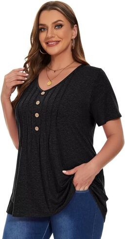 قمصان MONNURO النسائية بمقاسات كبيرة كاجوال بأكمام قصيرة ورقبة على شكل حرف V وأزرار مطوية وتونيك عصري in Kuwait