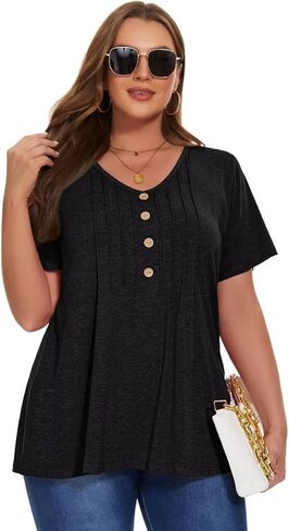 قمصان MONNURO النسائية بمقاسات كبيرة كاجوال بأكمام قصيرة ورقبة على شكل حرف V وأزرار مطوية وتونيك عصري in Kuwait