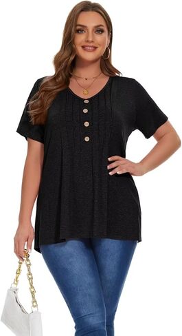 قمصان MONNURO النسائية بمقاسات كبيرة كاجوال بأكمام قصيرة ورقبة على شكل حرف V وأزرار مطوية وتونيك عصري in Kuwait