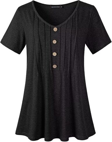 قمصان MONNURO النسائية بمقاسات كبيرة كاجوال بأكمام قصيرة ورقبة على شكل حرف V وأزرار مطوية وتونيك عصري in Kuwait