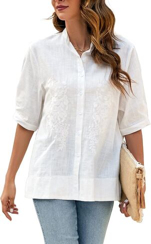 Summer Women’s Floral Emboridered Button Down Blouses Boho Cotton Short Sleeve Button Up Shirts for Women Casual Loose Tops in Saudi Arabia