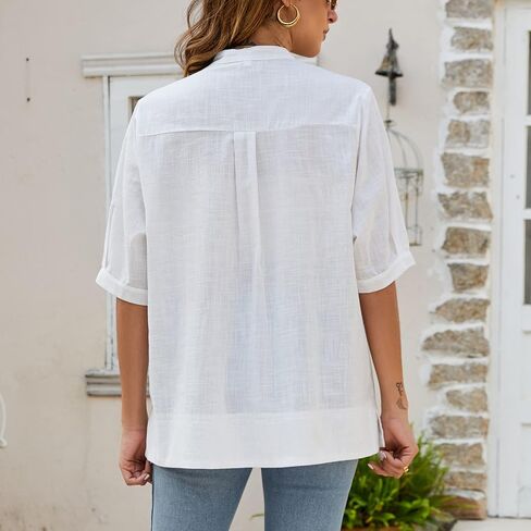 Summer Women’s Floral Emboridered Button Down Blouses Boho Cotton Short Sleeve Button Up Shirts for Women Casual Loose Tops in Saudi Arabia