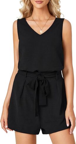 Rooscier Women's 2 Piece Outfits V Neck Sleeveless Tank Top And High Waisted Belted Wide Leg Shorts Set in Saudi Arabia