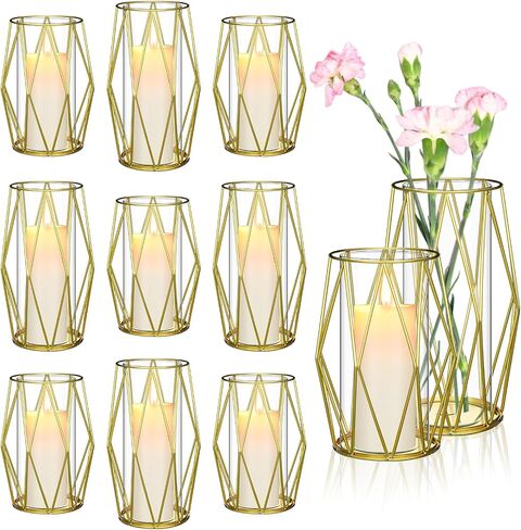 12 Pcs Geometric Candle Holders Vases Glass Hurricane Candle Holder with Geometric Metal Rack Stand Gold Pillar Candle Holder Hurricane Candleholders for Birthday Wedding Table Centerpieces in Saudi Arabia