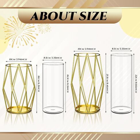 12 Pcs Geometric Candle Holders Vases Glass Hurricane Candle Holder with Geometric Metal Rack Stand Gold Pillar Candle Holder Hurricane Candleholders for Birthday Wedding Table Centerpieces in Saudi Arabia
