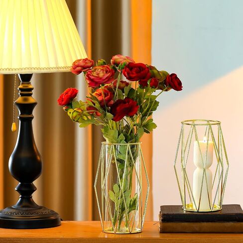 12 Pcs Geometric Candle Holders Vases Glass Hurricane Candle Holder with Geometric Metal Rack Stand Gold Pillar Candle Holder Hurricane Candleholders for Birthday Wedding Table Centerpieces in Saudi Arabia