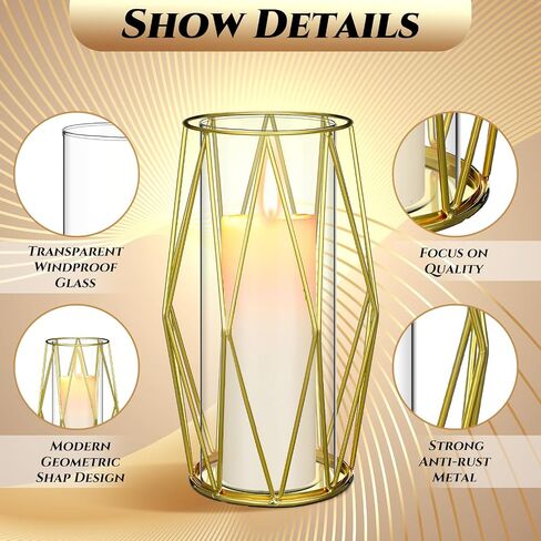 12 Pcs Geometric Candle Holders Vases Glass Hurricane Candle Holder with Geometric Metal Rack Stand Gold Pillar Candle Holder Hurricane Candleholders for Birthday Wedding Table Centerpieces in Saudi Arabia