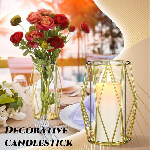 12 Pcs Geometric Candle Holders Vases Glass Hurricane Candle Holder with Geometric Metal Rack Stand Gold Pillar Candle Holder Hurricane Candleholders for Birthday Wedding Table Centerpieces in Saudi Arabia