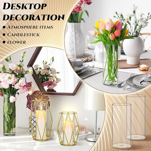 12 Pcs Geometric Candle Holders Vases Glass Hurricane Candle Holder with Geometric Metal Rack Stand Gold Pillar Candle Holder Hurricane Candleholders for Birthday Wedding Table Centerpieces in Saudi Arabia