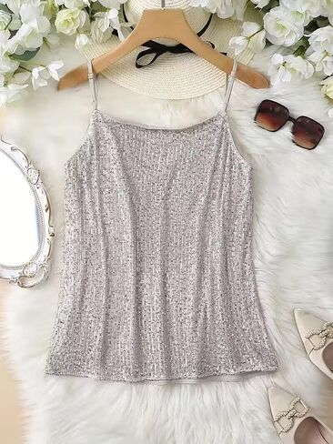 Women's Sequin Tank Top Y2K V Neck Sparkle Tops Sparkly Glitter Party Cami Sexy Strappy Camisole in Saudi Arabia