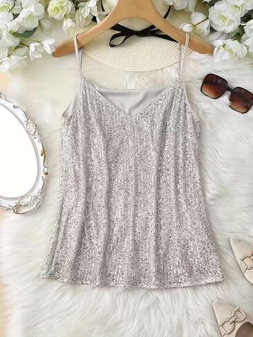 Women's Sequin Tank Top Y2K V Neck Sparkle Tops Sparkly Glitter Party Cami Sexy Strappy Camisole in Saudi Arabia