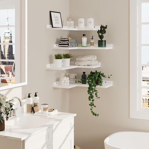 4-Tier Corner Floating Shelves, Rustic Pine Corner Shelves Wall Mounted, L-Shaped Floating Corner Shelves for Wall Storage, Creative Corner Wall Shelves for Bedroom,Bathroom&Any Room-White in Saudi Arabia