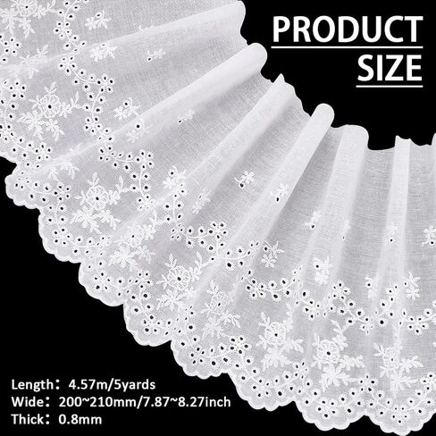 FINGERINSPIRE 5 Yards White Cotton Lace Ribbon 7.9~8.2inch Wide Cotton Embroidered Lace Trim Wavy Edge Flower Pattern Lace Trimming for DIY Crafts Making Clothes Sewing Ornament Accessories in Saudi Arabia