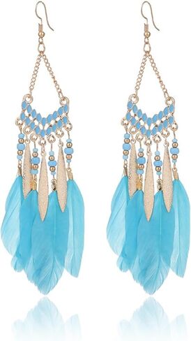 Feathered Dangle Earrings for Women, Bohemian Tassel Earrings, Ethnic Dangle Earrings for Women Girls (Golden) in Saudi Arabia