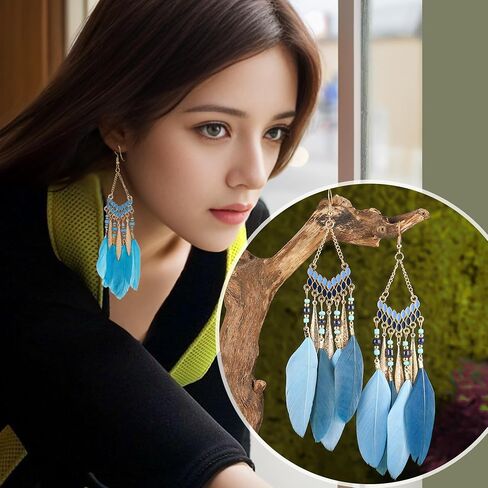 Feathered Dangle Earrings for Women, Bohemian Tassel Earrings, Ethnic Dangle Earrings for Women Girls (Golden) in Saudi Arabia