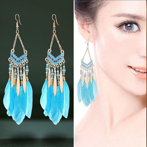 Feathered Dangle Earrings for Women, Bohemian Tassel Earrings, Ethnic Dangle Earrings for Women Girls (Golden) in Saudi Arabia
