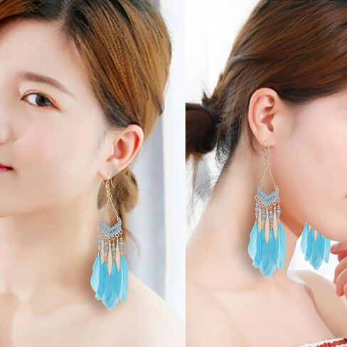 Feathered Dangle Earrings for Women, Bohemian Tassel Earrings, Ethnic Dangle Earrings for Women Girls (Golden) in Saudi Arabia
