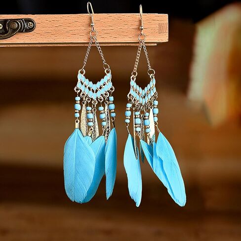 Feathered Dangle Earrings for Women, Bohemian Tassel Earrings, Ethnic Dangle Earrings for Women Girls (Golden) in Saudi Arabia