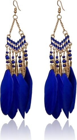 Feathered Dangle Earrings for Women, Bohemian Tassel Earrings, Ethnic Dangle Earrings for Women Girls (Golden) in Saudi Arabia