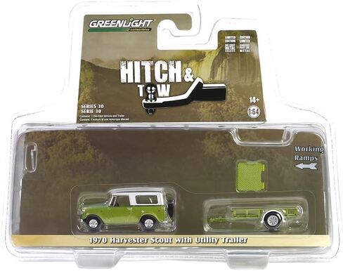 Greenlight 32300-B Hitch & Tow Series 30-1970 Harvester Scout with Utility Trailer - أخضر ليموني معدني مع سطح صلب أبيض جبال الألب بمقياس 1:64 in Saudi Arabia