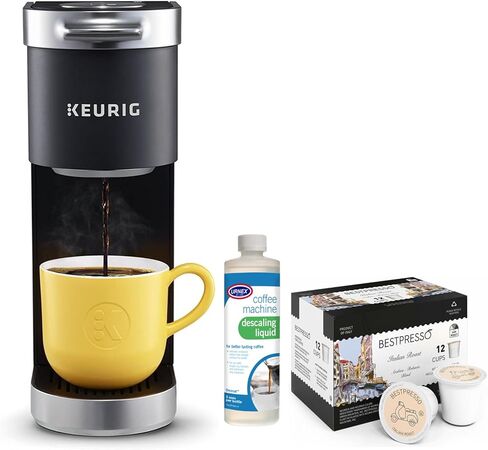 ماكينة صنع القهوة Keurig K-Mini Plus ذات الخدمة الفردية مع مجموعة تخزين K-Cup (أسود) مع سائل إزالة الترسبات و12 قطعة من الشواء الإيطالي (3 قطع) in Kuwait