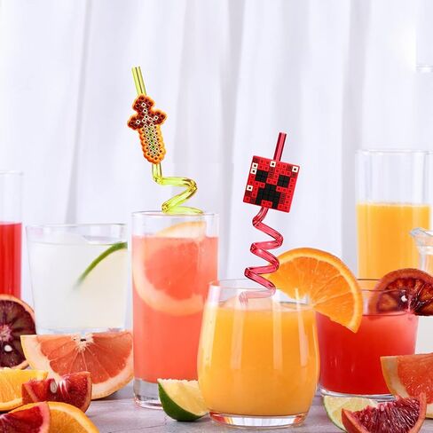 25 Reusable Pixel Straws for Miner Craft Party Supplies Favors, Pixel Spider Creepah Party Supplies Gift with 2 Cleaning Brushes in Kuwait