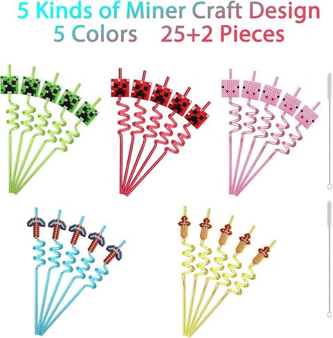25 Reusable Pixel Straws for Miner Craft Party Supplies Favors, Pixel Spider Creepah Party Supplies Gift with 2 Cleaning Brushes in Kuwait