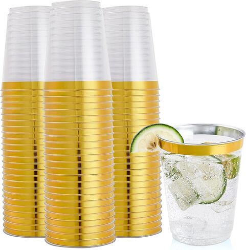 FOCUSLINE 100 Pack Gold Rimmed Plastic Cups 10 oz Clear Plastic Cups Tumblers, Fancy Disposable Hard Plastic Cups with Gold Rim for Wedding Cups Elegant Party Cups in Saudi Arabia