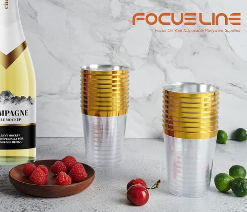 FOCUSLINE 100 Pack Gold Rimmed Plastic Cups 10 oz Clear Plastic Cups Tumblers, Fancy Disposable Hard Plastic Cups with Gold Rim for Wedding Cups Elegant Party Cups in Saudi Arabia