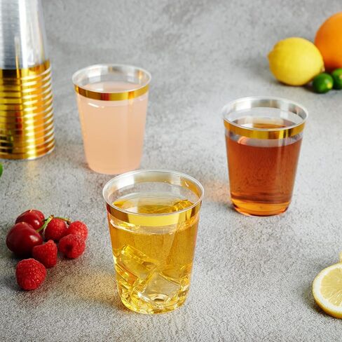 FOCUSLINE 100 Pack Gold Rimmed Plastic Cups 10 oz Clear Plastic Cups Tumblers, Fancy Disposable Hard Plastic Cups with Gold Rim for Wedding Cups Elegant Party Cups in Saudi Arabia