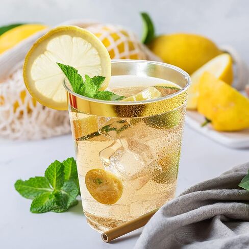 FOCUSLINE 100 Pack Gold Rimmed Plastic Cups 10 oz Clear Plastic Cups Tumblers, Fancy Disposable Hard Plastic Cups with Gold Rim for Wedding Cups Elegant Party Cups in Saudi Arabia