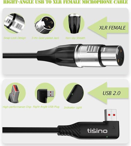 tisino XLR إلى كابل USB، كابل USB للزاوية اليمنى إلى 3 دبوس، كابل USB إلى XLR أنثى ميكروفون محول كابل تحويل رابط الميكروفون لتسجيل الصوت، الكاريوكي، البث المباشر - 3m/10ft in Kuwait