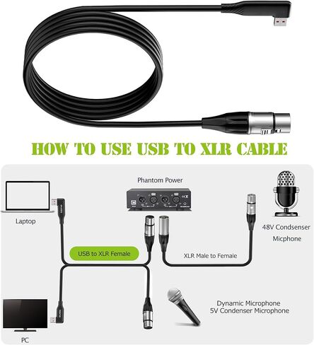 tisino XLR إلى كابل USB، كابل USB للزاوية اليمنى إلى 3 دبوس، كابل USB إلى XLR أنثى ميكروفون محول كابل تحويل رابط الميكروفون لتسجيل الصوت، الكاريوكي، البث المباشر - 3m/10ft in Kuwait