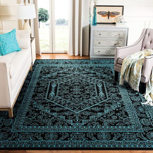 سجادة منطقة SAFAVIEH Adirondack Collection - 5'1" x 7'6"، أسود وأزرق مخضر، تصميم ميدالية شرقية، لا يتساقط ويسهل العناية به، مثالي للمناطق ذات حركة المرور العالية في غرفة المعيشة وغرفة النوم (ADR108K) in Saudi Arabia