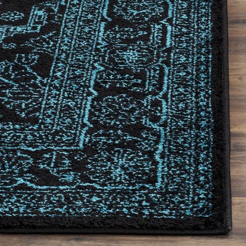 سجادة منطقة SAFAVIEH Adirondack Collection - 5'1" x 7'6"، أسود وأزرق مخضر، تصميم ميدالية شرقية، لا يتساقط ويسهل العناية به، مثالي للمناطق ذات حركة المرور العالية في غرفة المعيشة وغرفة النوم (ADR108K) in Saudi Arabia