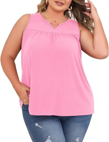 SHIJIALI Women's Plus Size Henley Shirts Casual V Neck Tank Tops Flowy Summer Sleeveless Pleated Tunic in Saudi Arabia