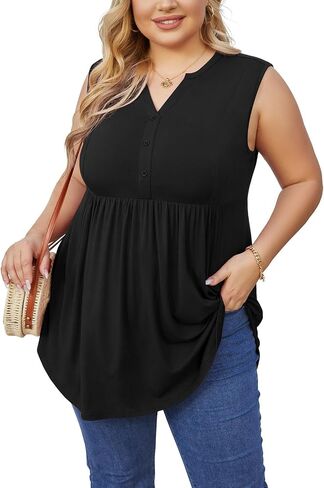 SHIJIALI Women's Plus Size Henley Shirts Casual V Neck Tank Tops Flowy Summer Sleeveless Pleated Tunic in Saudi Arabia