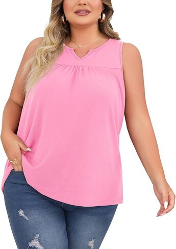 SHIJIALI Women's Plus Size Henley Shirts Casual V Neck Tank Tops Flowy Summer Sleeveless Pleated Tunic in Saudi Arabia