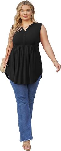SHIJIALI Women's Plus Size Henley Shirts Casual V Neck Tank Tops Flowy Summer Sleeveless Pleated Tunic in Saudi Arabia