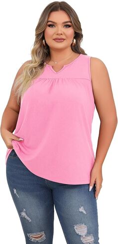 SHIJIALI Women's Plus Size Henley Shirts Casual V Neck Tank Tops Flowy Summer Sleeveless Pleated Tunic in Saudi Arabia
