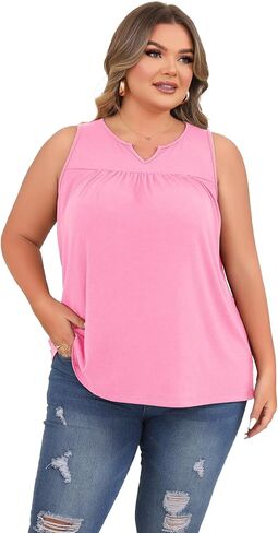 SHIJIALI Women's Plus Size Henley Shirts Casual V Neck Tank Tops Flowy Summer Sleeveless Pleated Tunic in Saudi Arabia