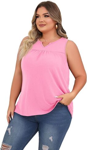 SHIJIALI Women's Plus Size Henley Shirts Casual V Neck Tank Tops Flowy Summer Sleeveless Pleated Tunic in Saudi Arabia