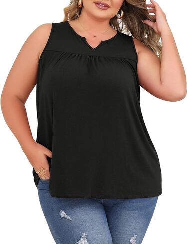 SHIJIALI Women's Plus Size Henley Shirts Casual V Neck Tank Tops Flowy Summer Sleeveless Pleated Tunic in Saudi Arabia