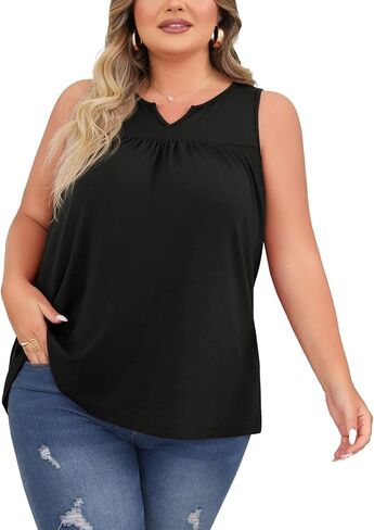 SHIJIALI Women's Plus Size Henley Shirts Casual V Neck Tank Tops Flowy Summer Sleeveless Pleated Tunic in Saudi Arabia